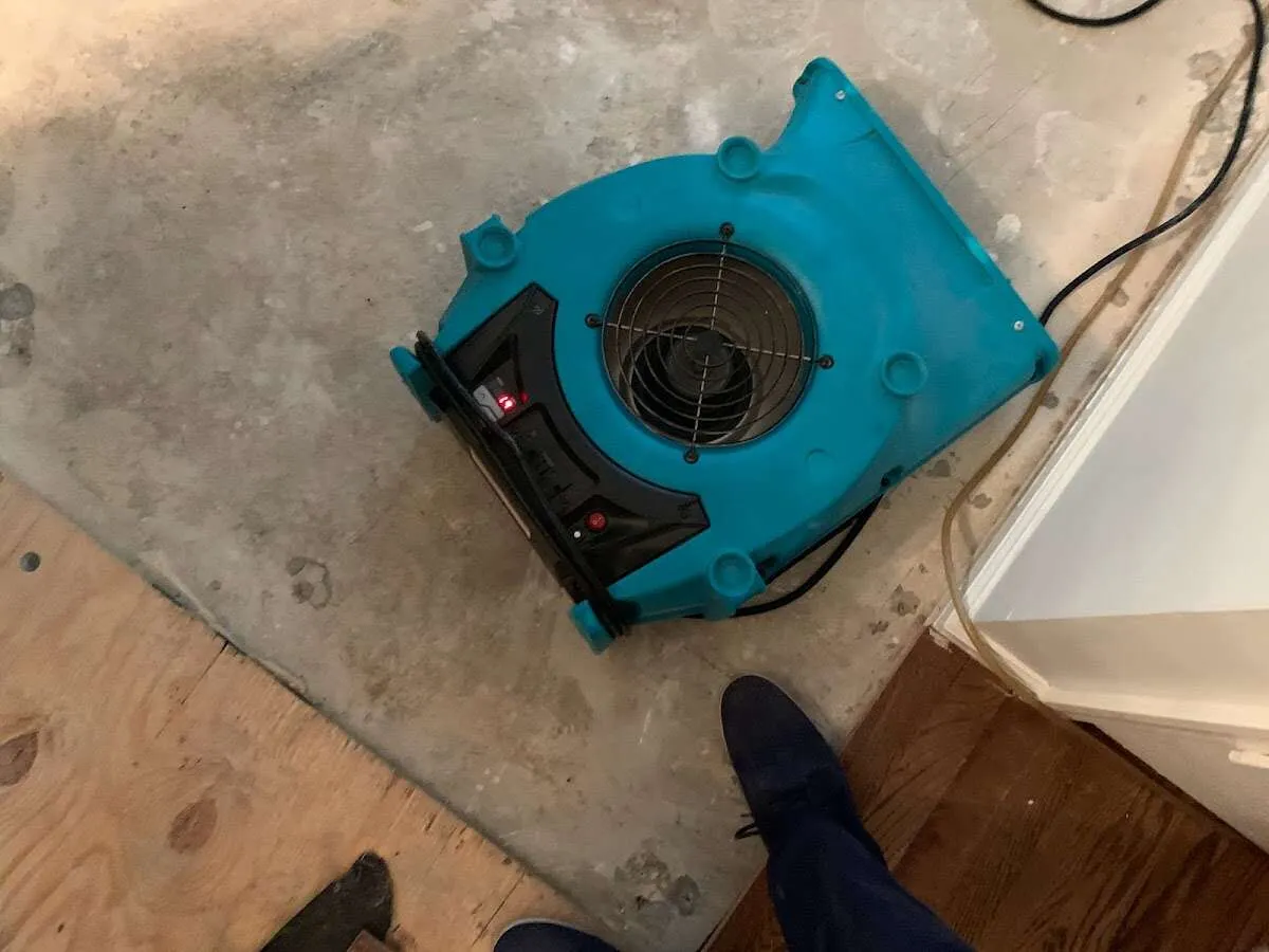 Air mover drying subfloor during Commercial Water Damage Restoration in Dennis